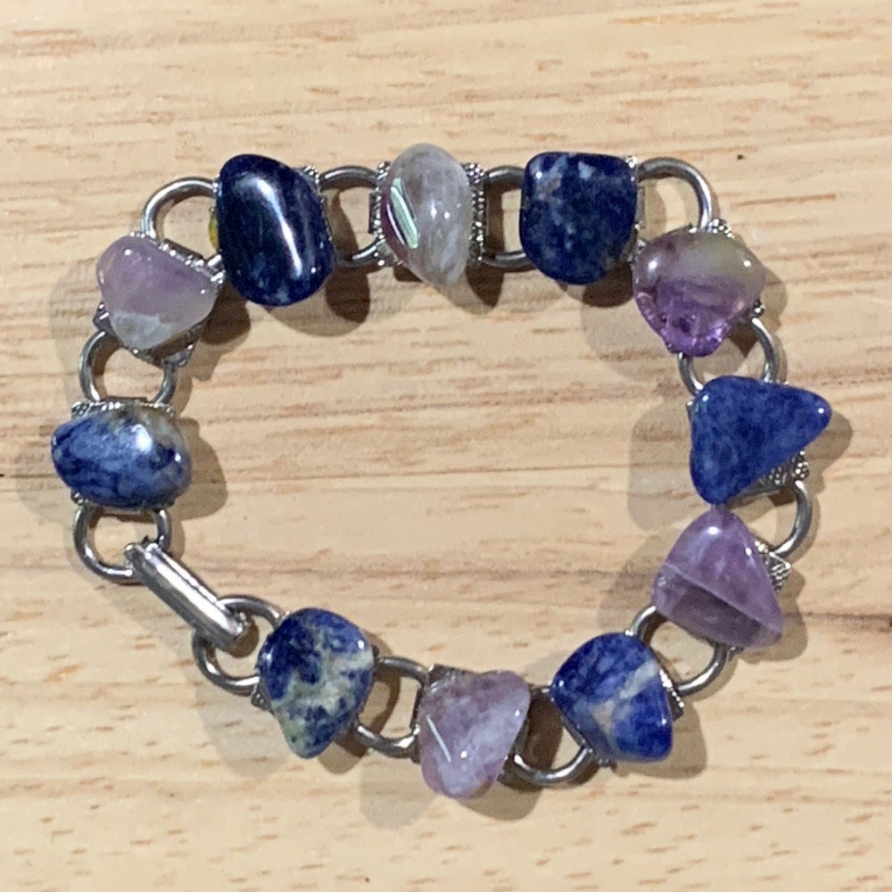 Gemstone Link Bracelet Women OS Amethyst Sodalite Chip Boho Vintage